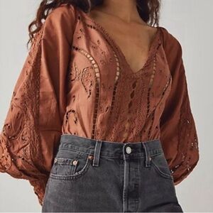 Free People Intimately Regina Brown Eyelet Bodysuit- NWOT